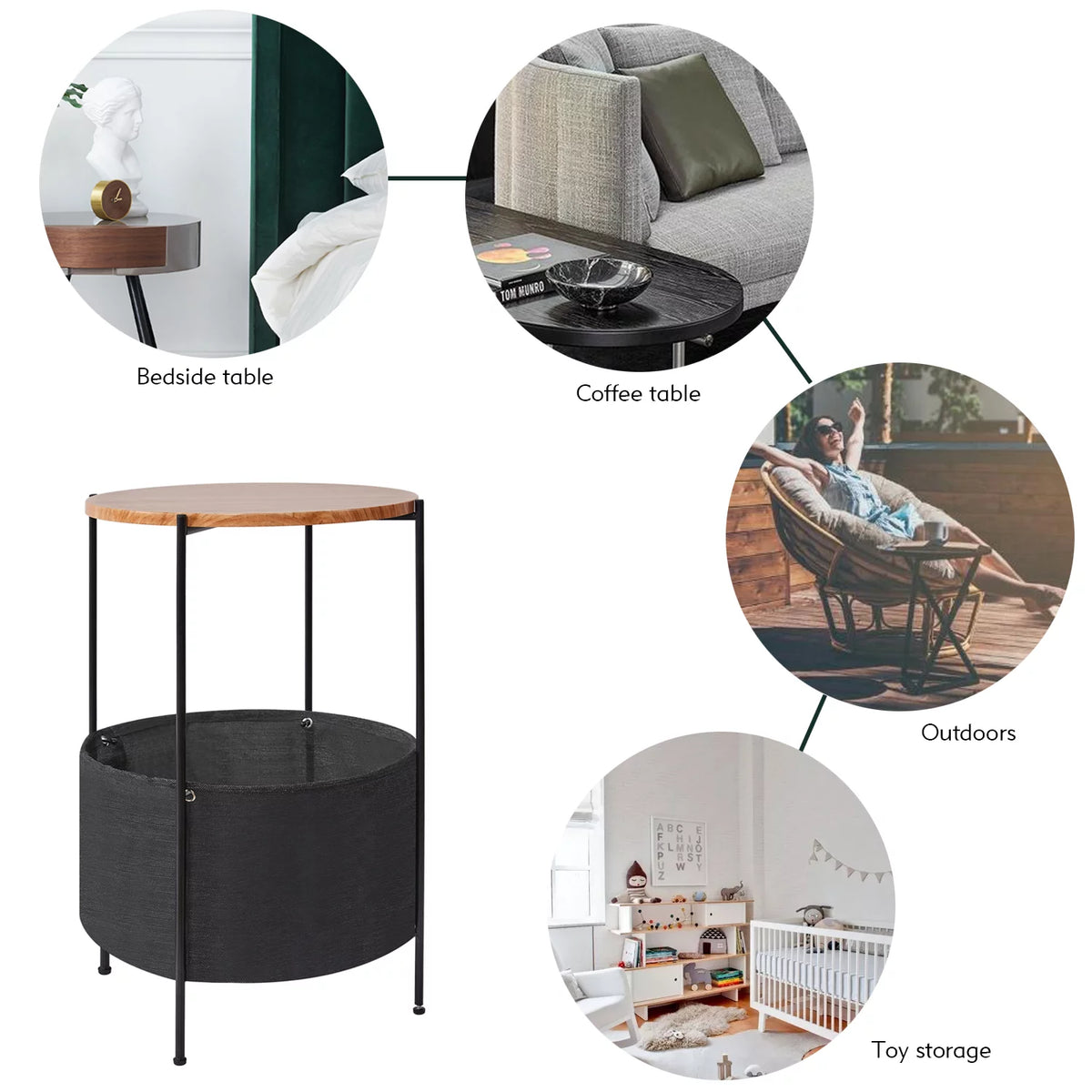 Round Wood Bedside Table with Storage Basket E88979
