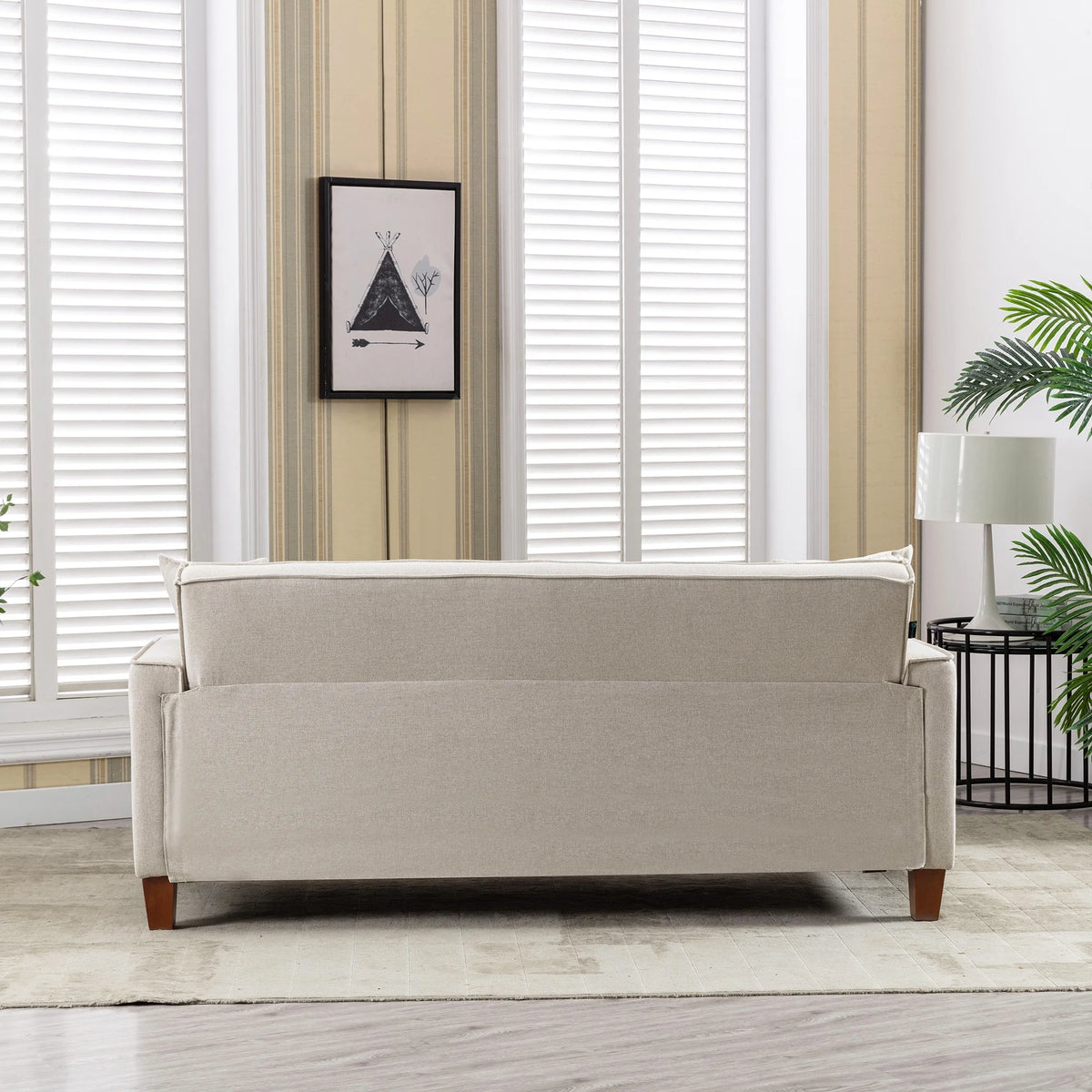 Mid-Century Linen Love Seat Sofa with 2 Pillows and Solid Wood Legs T3822