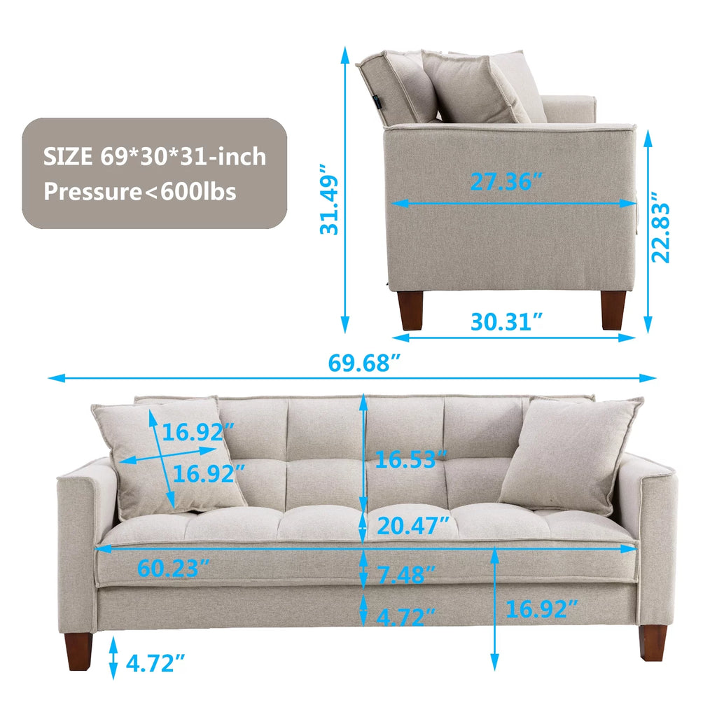 Mid-Century Linen Love Seat Sofa with 2 Pillows and Solid Wood Legs T3822