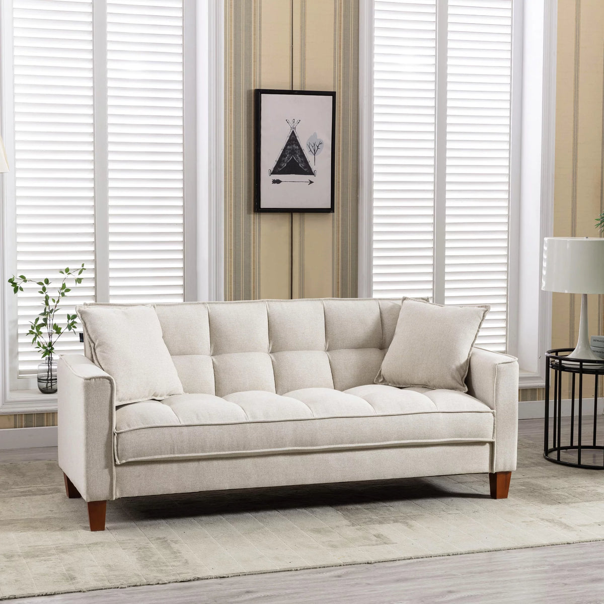 Mid-Century Linen Love Seat Sofa with 2 Pillows and Solid Wood Legs T3822