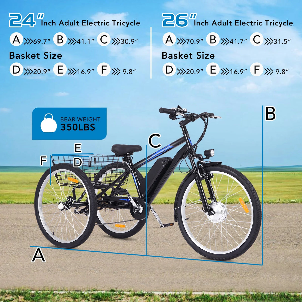 Electric Tricycle, 50 MI Long Range, 350W 36V 10AH Step-Thru, 3 Wheel Fat Tire, Black G371411