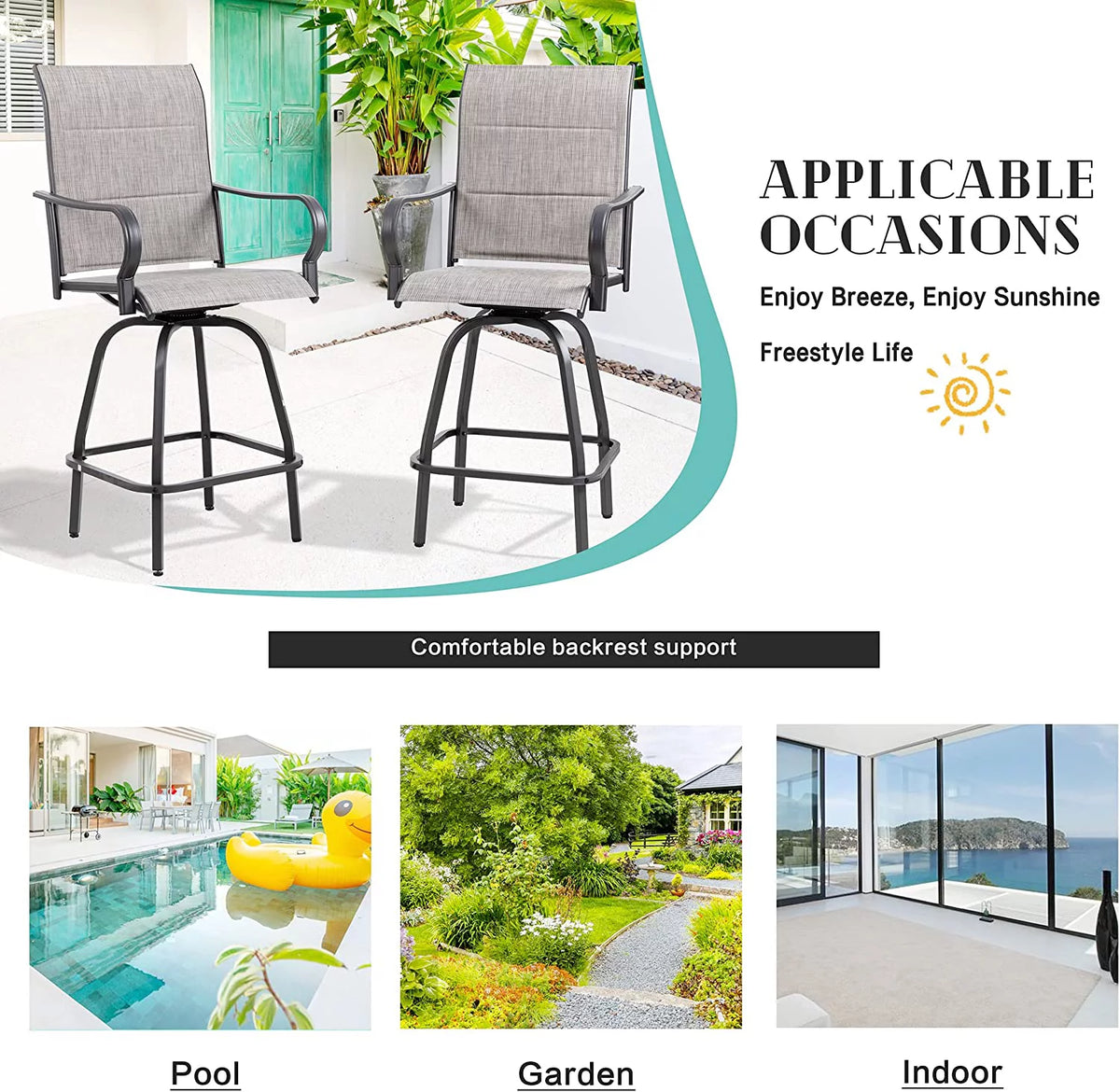 4 Pieces All Weather Padded Sling Textilene Swivel Bar Stools C3510