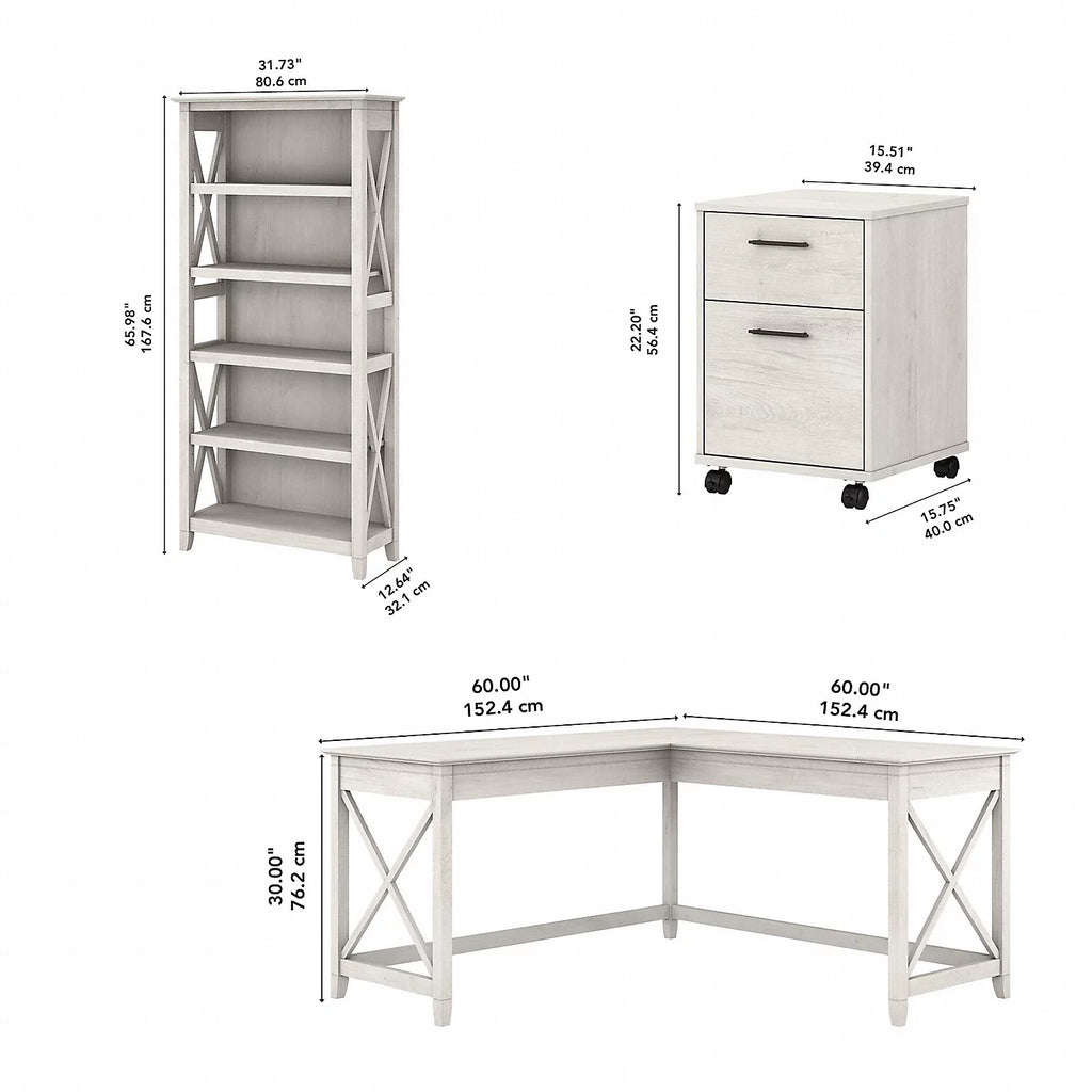 60W L Shaped Desk with Drawers and Bookcase in White Z2012