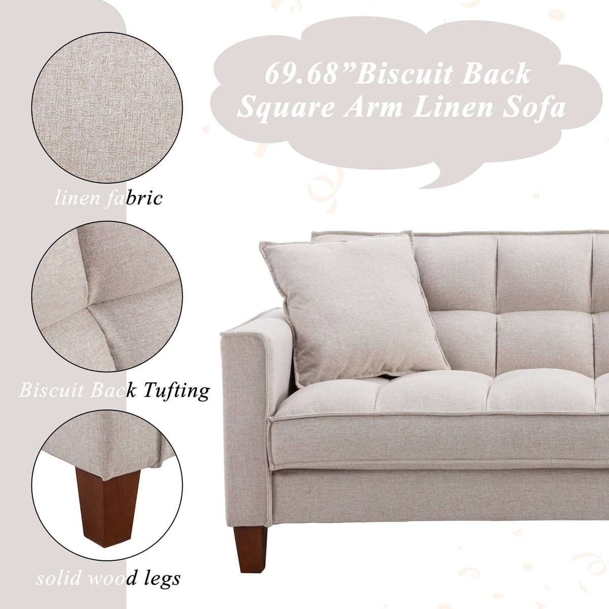 Mid-Century Linen Love Seat Sofa with 2 Pillows and Solid Wood Legs T3822