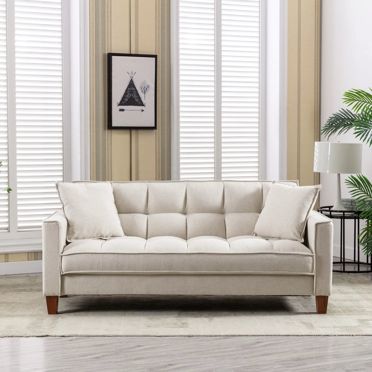 Mid-Century Linen Love Seat Sofa with 2 Pillows and Solid Wood Legs T3822