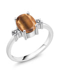 Oval Brown Tiger Eye White Diamond 925 Sterling Silver Ring I4044