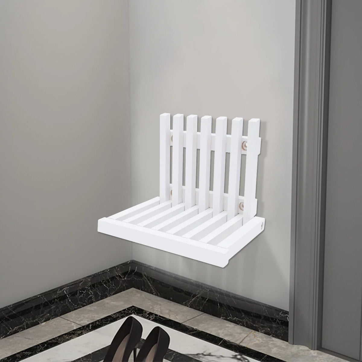 White Rubber Wood Wall Mounted Folding Stool Bench G316971