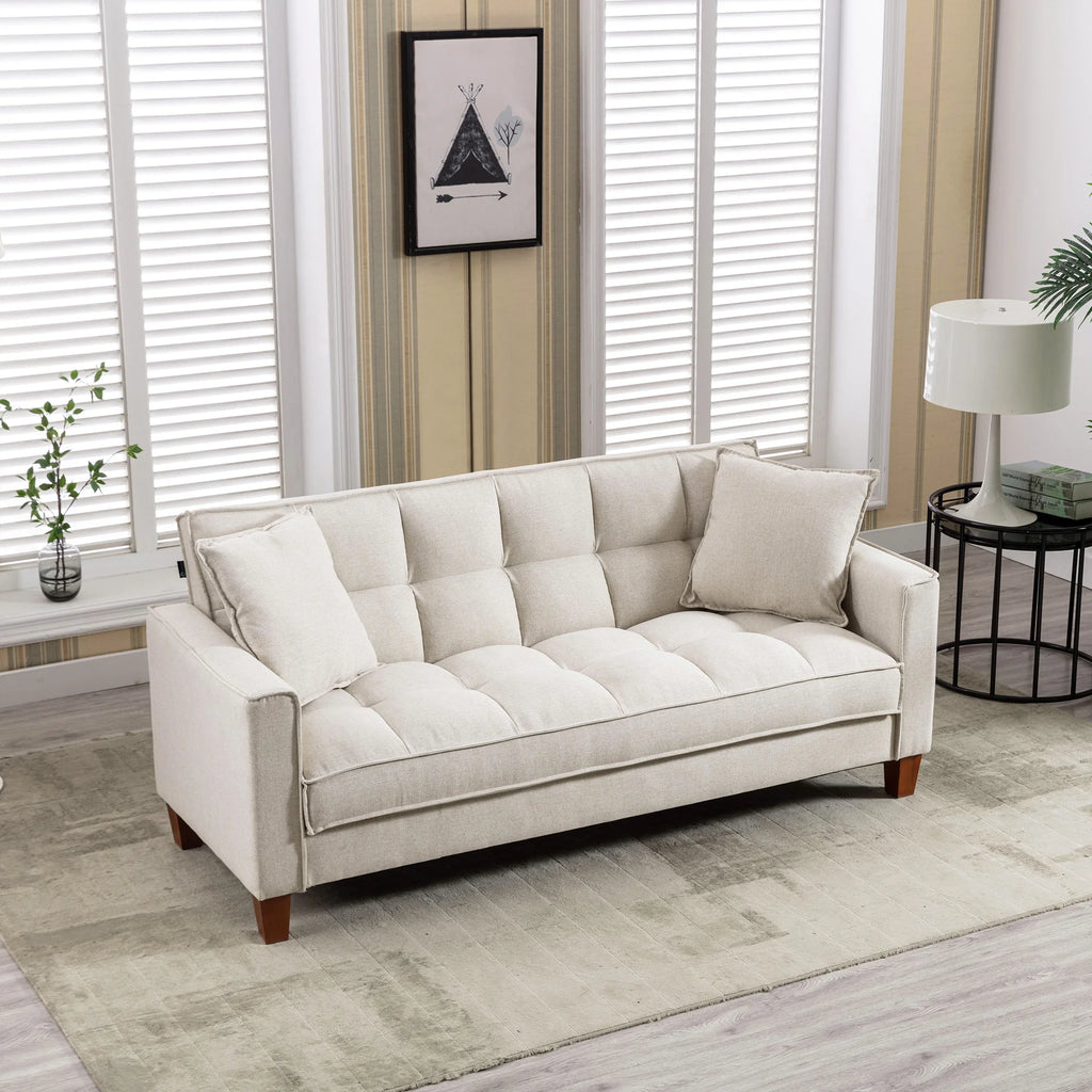 Mid-Century Linen Love Seat Sofa with 2 Pillows and Solid Wood Legs T3822