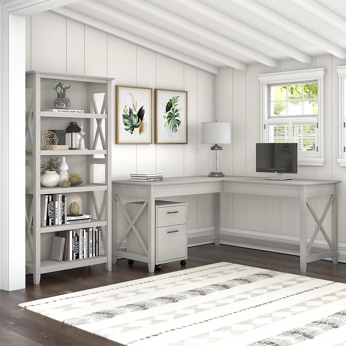 60W L Shaped Desk with Drawers and Bookcase in White Z2012