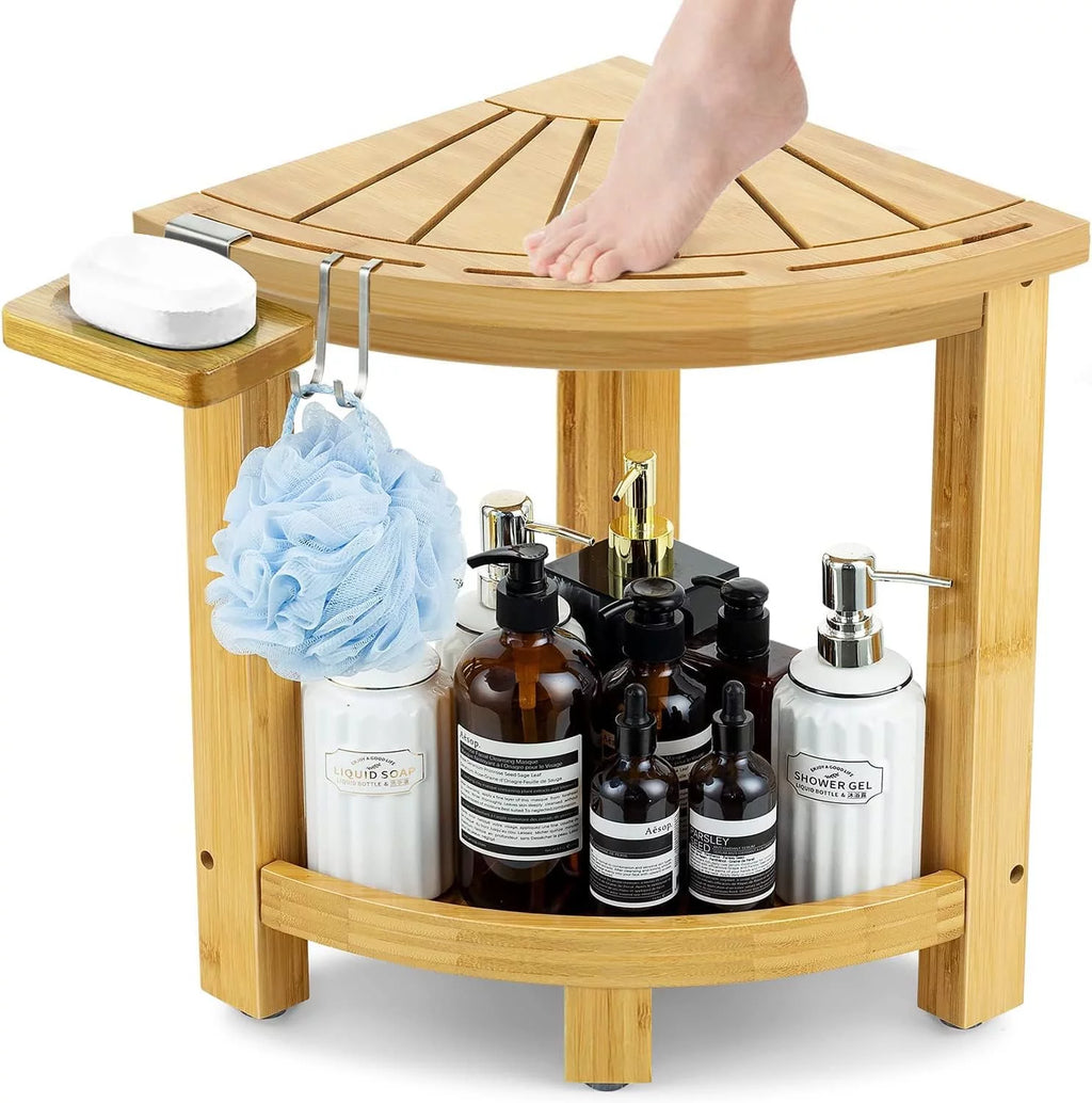 Bamboo Corner Shower Stool with Storage Shelf and Soap Dish C331132