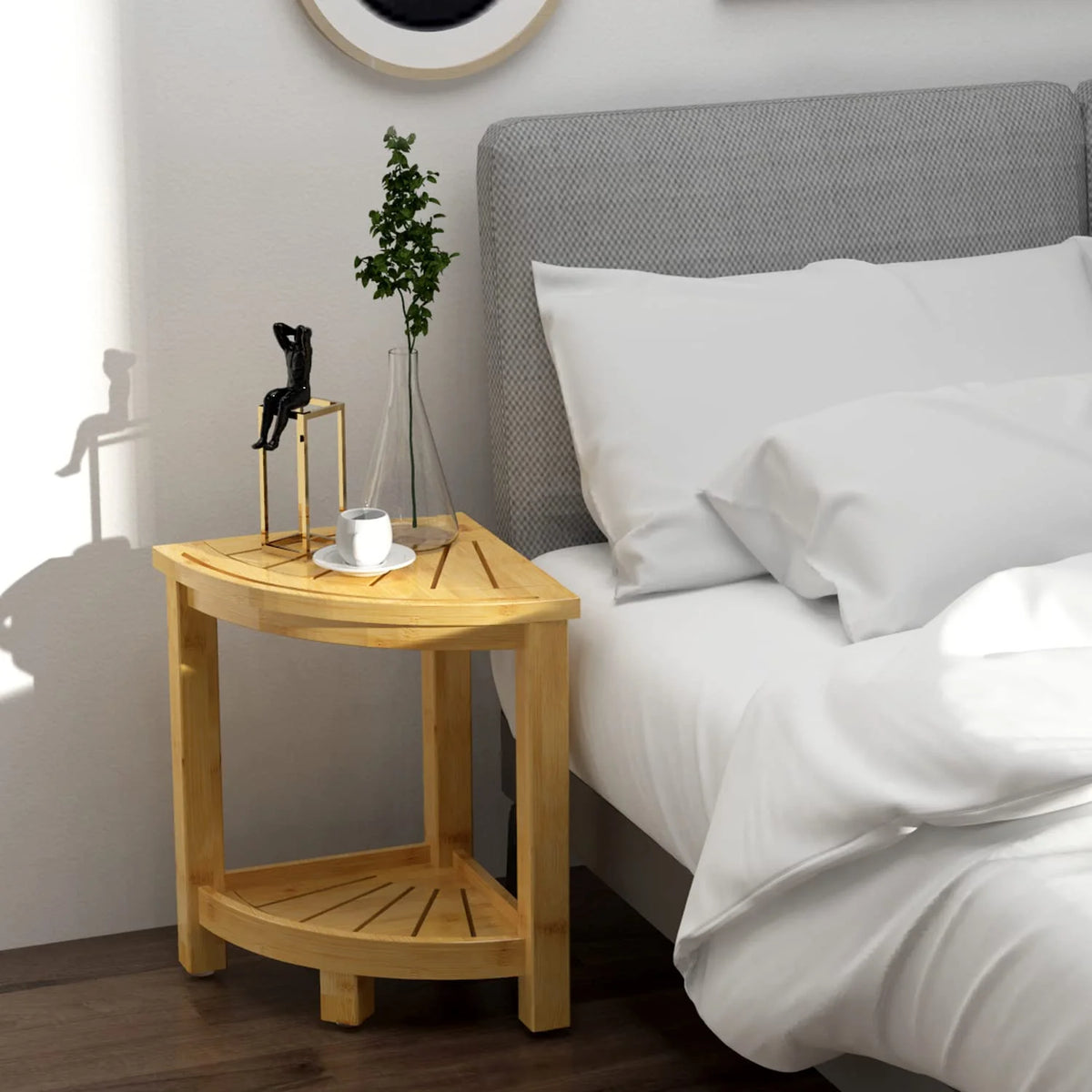Bamboo Corner Shower Stool with Storage Shelf and Soap Dish C331132